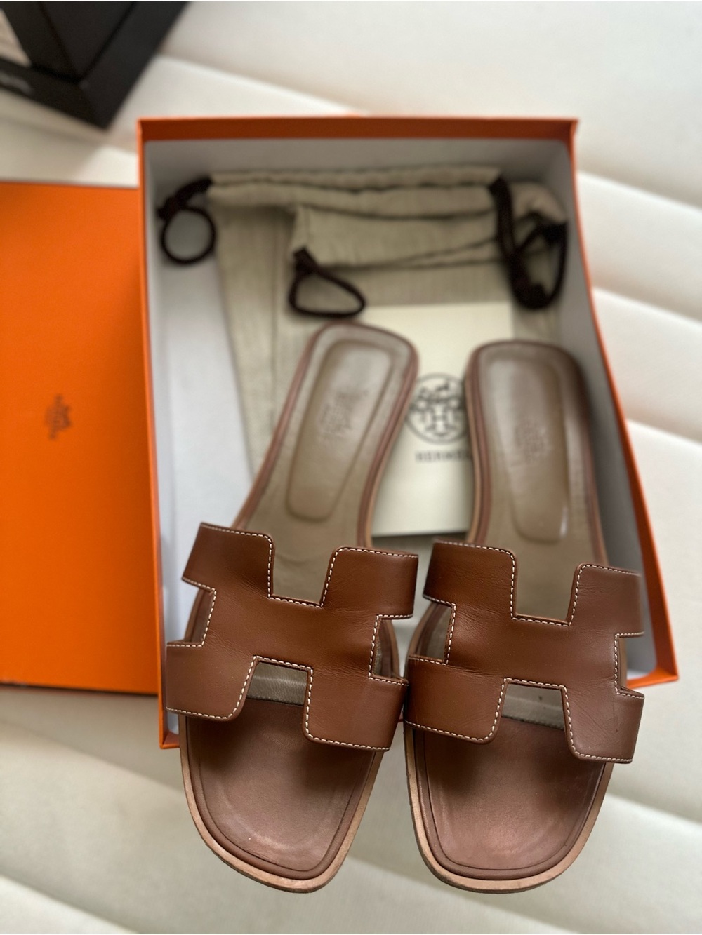 Hermes Brown Leather H Slide Mules